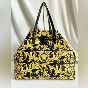 Versace La Medusa Black and Gold Baroque Barocco Print Large Tote